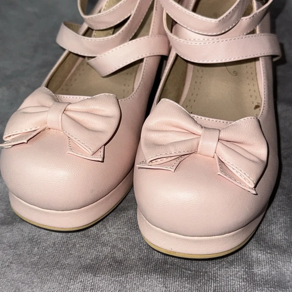 Women  Bowknot Cross Strap Round Toe Sweet Platform Chunky Heel Dress Shoes 7